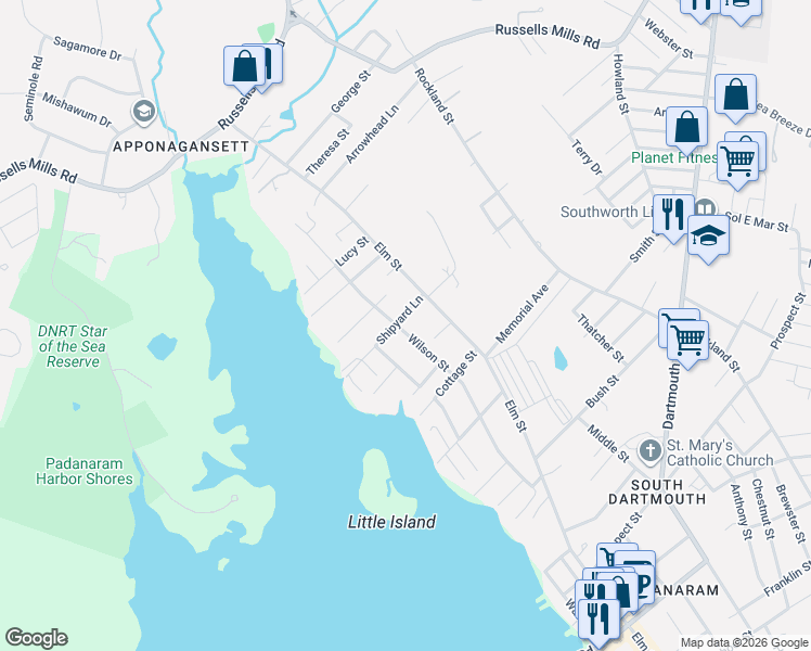 map of restaurants, bars, coffee shops, grocery stores, and more near 86 Shipyard Lane in Dartmouth