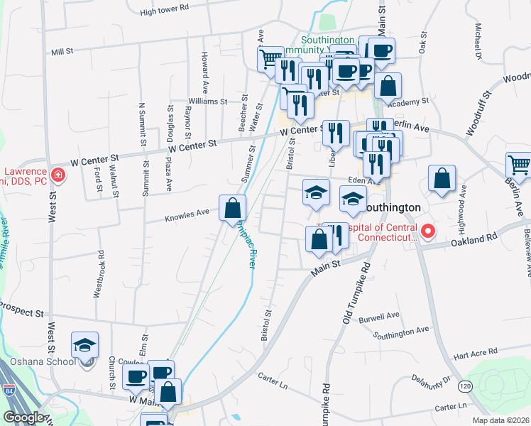 map of restaurants, bars, coffee shops, grocery stores, and more near 50 Railroad Avenue in Southington