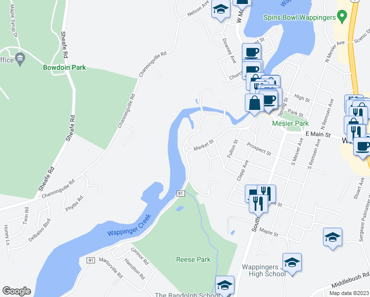 map of restaurants, bars, coffee shops, grocery stores, and more near 91 Market Street in Wappingers Falls