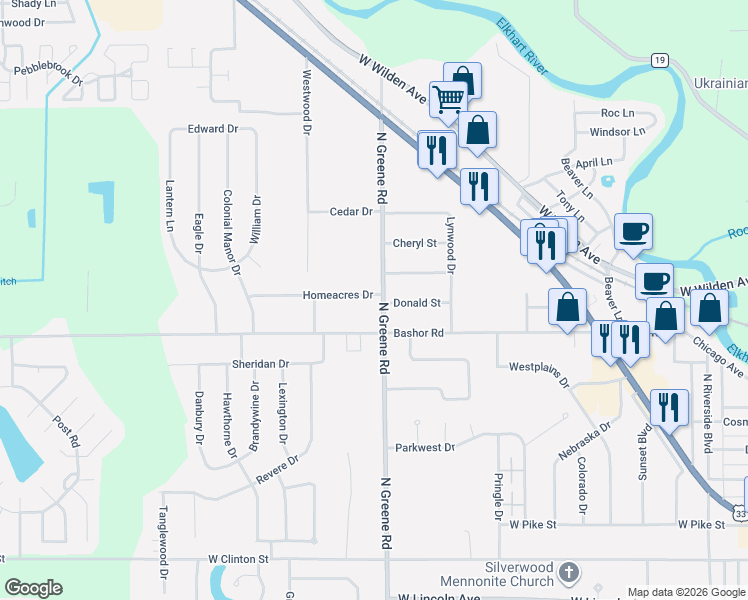 map of restaurants, bars, coffee shops, grocery stores, and more near 902 N Greene Rd in Goshen