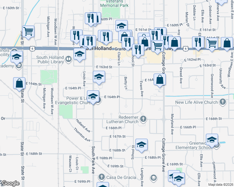 map of restaurants, bars, coffee shops, grocery stores, and more near 16416 Claire Lane in South Holland