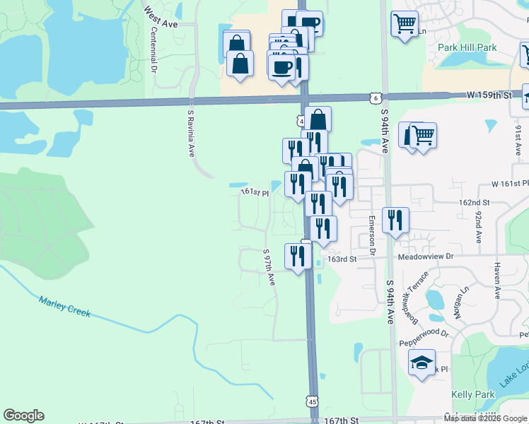 map of restaurants, bars, coffee shops, grocery stores, and more near 16145 Hackney Drive in Orland Park