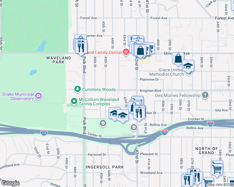 map of restaurants, bars, coffee shops, grocery stores, and more near 4322 Kingman Boulevard in Des Moines