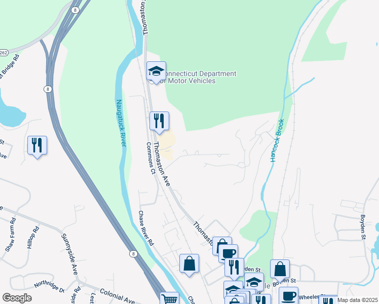 map of restaurants, bars, coffee shops, grocery stores, and more near 89 Downes Street in Waterbury