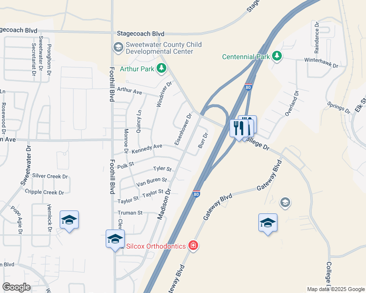 map of restaurants, bars, coffee shops, grocery stores, and more near 804 Eisenhower Drive in Rock Springs