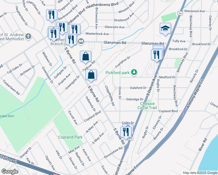 map of restaurants, bars, coffee shops, grocery stores, and more near 2933 Chipplegate Road in Toledo