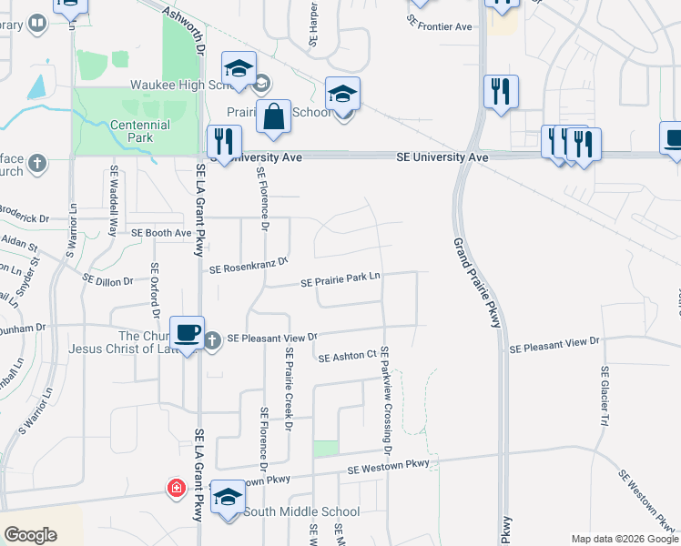 map of restaurants, bars, coffee shops, grocery stores, and more near 655 Southeast Prairie Park Lane in Waukee