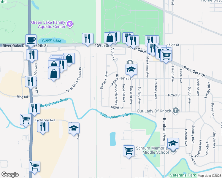 map of restaurants, bars, coffee shops, grocery stores, and more near 1330 Arthur Street in Calumet City