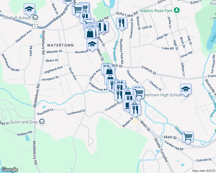 map of restaurants, bars, coffee shops, grocery stores, and more near 1008 Main Street in Watertown