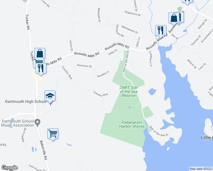 map of restaurants, bars, coffee shops, grocery stores, and more near 87 Country Way in Dartmouth