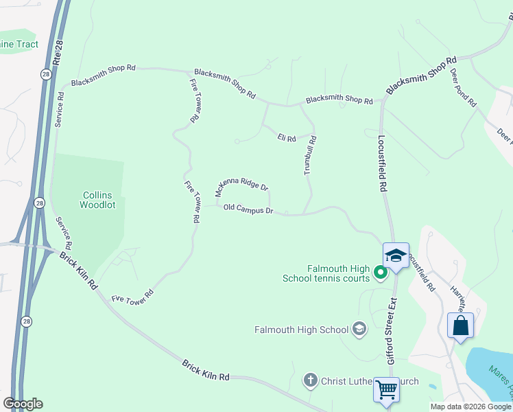 map of restaurants, bars, coffee shops, grocery stores, and more near 133 Old Campus Drive in Falmouth