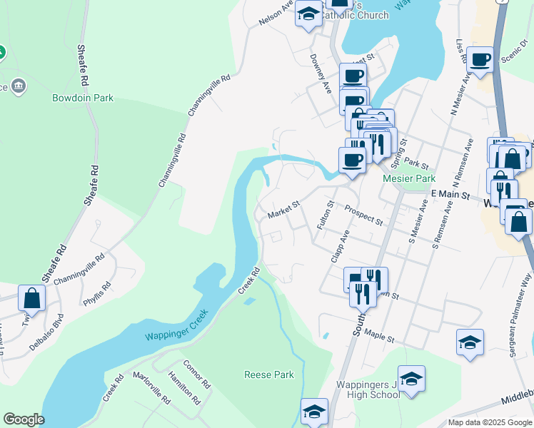 map of restaurants, bars, coffee shops, grocery stores, and more near 91 Market Street in Wappingers Falls
