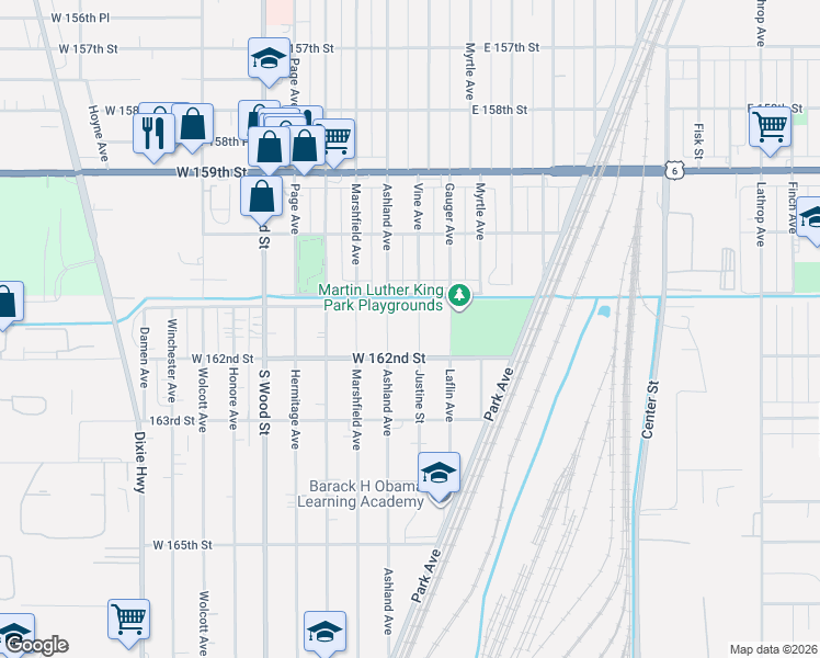 map of restaurants, bars, coffee shops, grocery stores, and more near 16125 Ashland Avenue in Markham