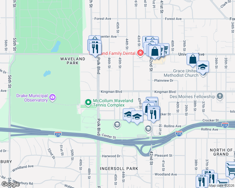 map of restaurants, bars, coffee shops, grocery stores, and more near 4520 Kingman Boulevard in Des Moines