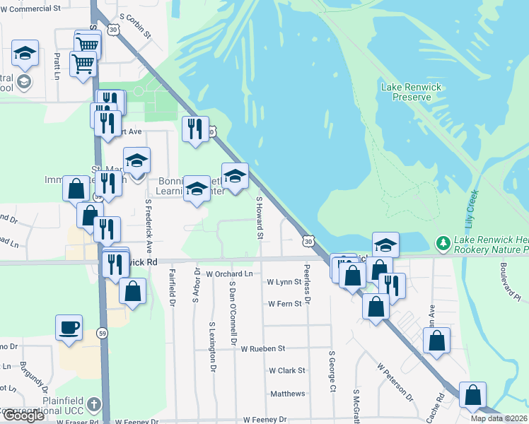 map of restaurants, bars, coffee shops, grocery stores, and more near 15803 South Howard Street in Plainfield