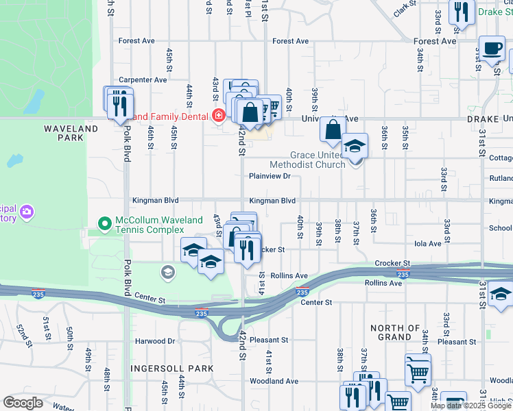 map of restaurants, bars, coffee shops, grocery stores, and more near 4120 Kingman Boulevard in Des Moines