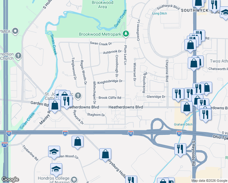 map of restaurants, bars, coffee shops, grocery stores, and more near 2416 Shellbrook Lane in Toledo