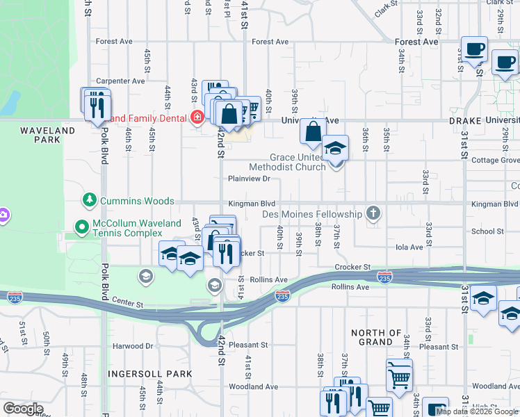map of restaurants, bars, coffee shops, grocery stores, and more near 4026 Kingman Boulevard in Des Moines