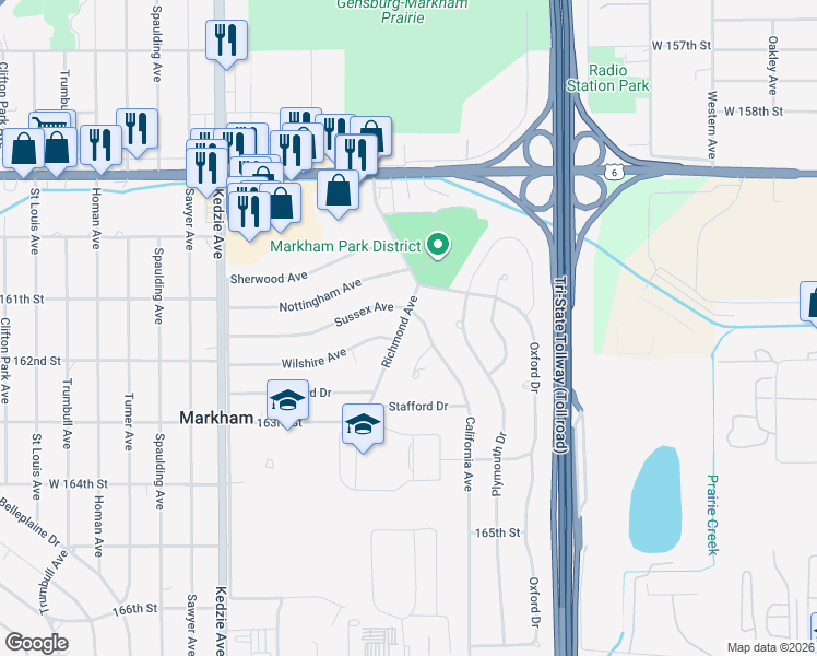 map of restaurants, bars, coffee shops, grocery stores, and more near 16135 Richmond Avenue in Markham