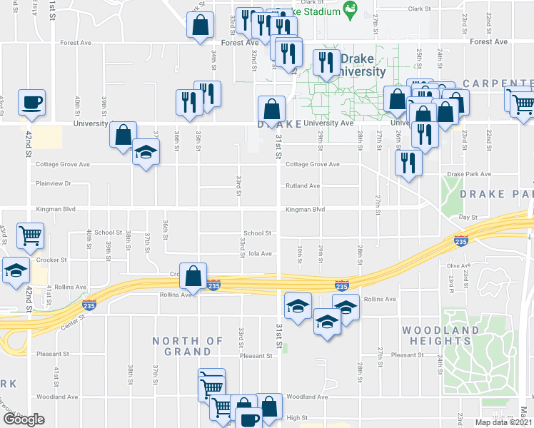 map of restaurants, bars, coffee shops, grocery stores, and more near 3120 Kingman Boulevard in Des Moines