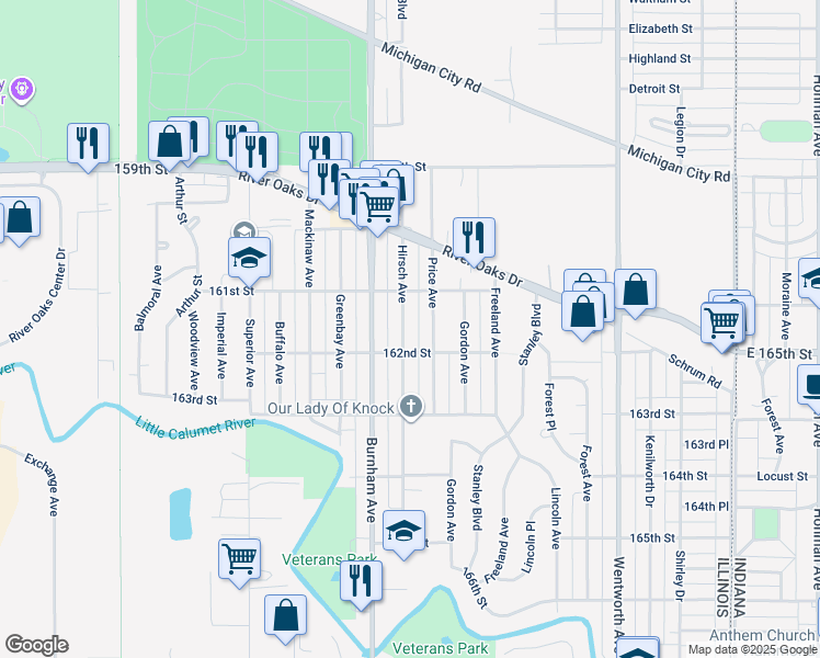 map of restaurants, bars, coffee shops, grocery stores, and more near 1329 Hirsch Avenue in Calumet City