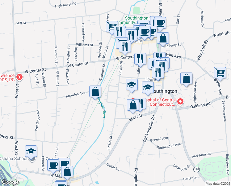map of restaurants, bars, coffee shops, grocery stores, and more near 50 Railroad Avenue in Southington