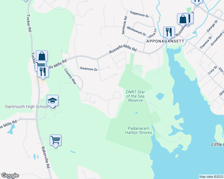 map of restaurants, bars, coffee shops, grocery stores, and more near 87 Country Way in Dartmouth
