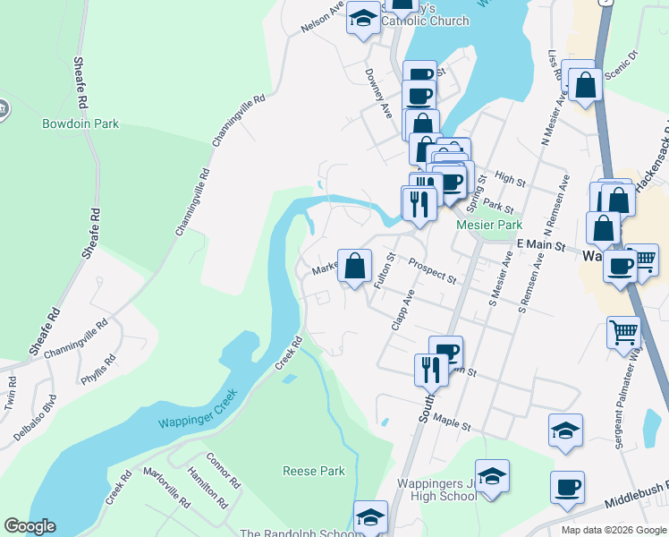 map of restaurants, bars, coffee shops, grocery stores, and more near 2 Dutchess Terrace in Wappingers Falls