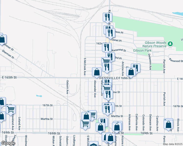 map of restaurants, bars, coffee shops, grocery stores, and more near 2636 164th Place in Hammond