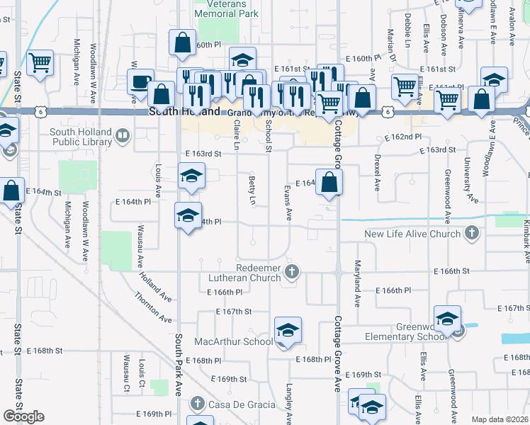 map of restaurants, bars, coffee shops, grocery stores, and more near 16419 School Street in South Holland