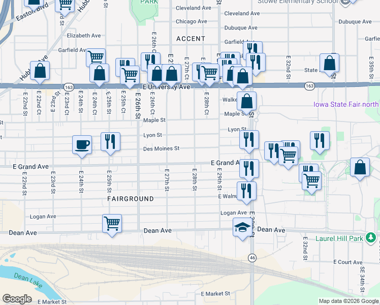 map of restaurants, bars, coffee shops, grocery stores, and more near 2735 Des Moines Street in Des Moines