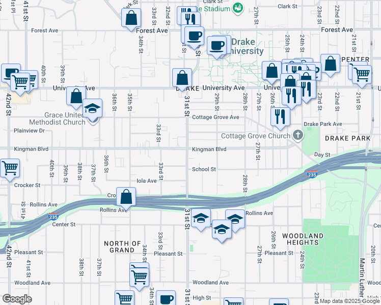 map of restaurants, bars, coffee shops, grocery stores, and more near 2933 Kingman Boulevard in Des Moines