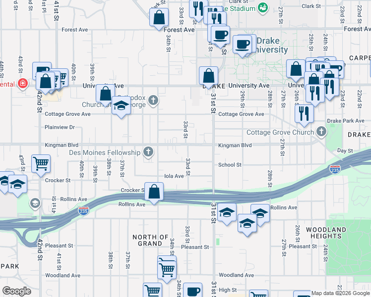 map of restaurants, bars, coffee shops, grocery stores, and more near 3220 Kingman Boulevard in Des Moines