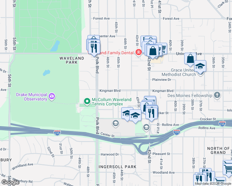 map of restaurants, bars, coffee shops, grocery stores, and more near 4520 Kingman Boulevard in Des Moines