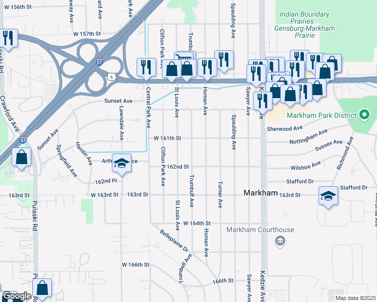 map of restaurants, bars, coffee shops, grocery stores, and more near 16124 Trumbull Avenue in Markham