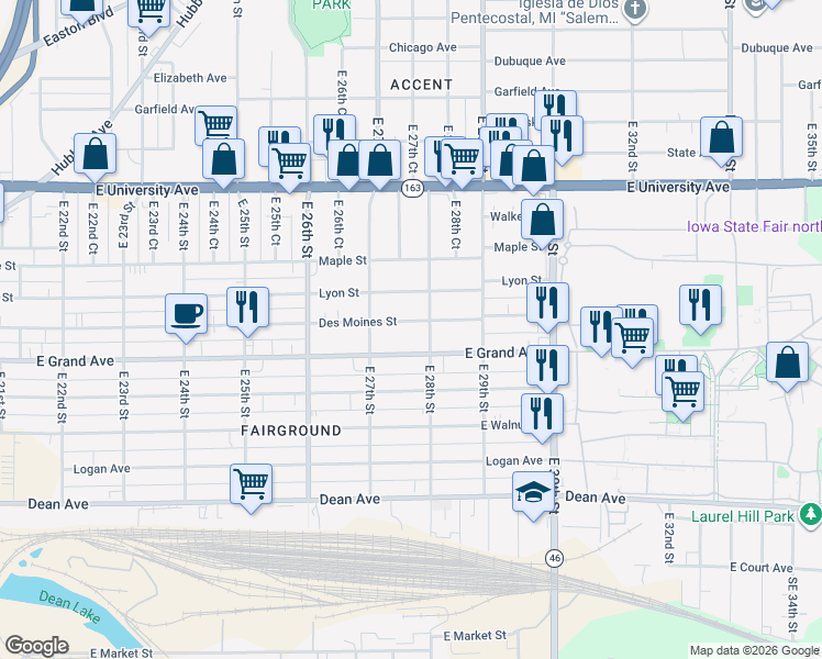 map of restaurants, bars, coffee shops, grocery stores, and more near 2735 Des Moines St in Des Moines