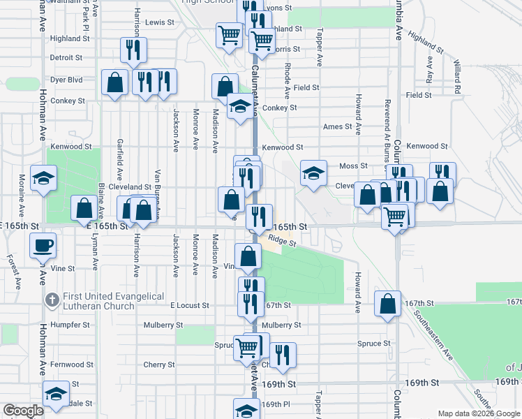 map of restaurants, bars, coffee shops, grocery stores, and more near 6423 Calumet Avenue in Hammond