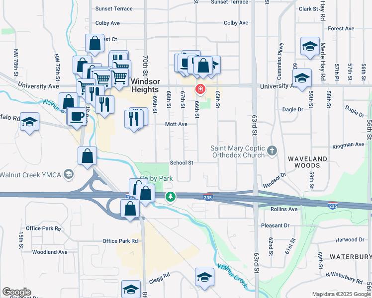 map of restaurants, bars, coffee shops, grocery stores, and more near 1019 67th Street in Windsor Heights