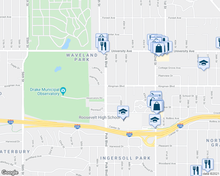 map of restaurants, bars, coffee shops, grocery stores, and more near 4618 Kingman Boulevard in Des Moines