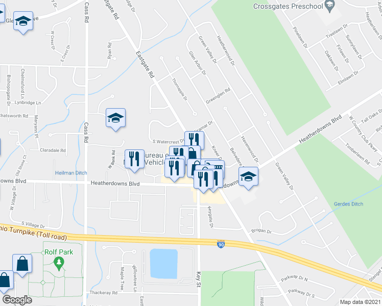 map of restaurants, bars, coffee shops, grocery stores, and more near 2380 Eastgate Road in Toledo