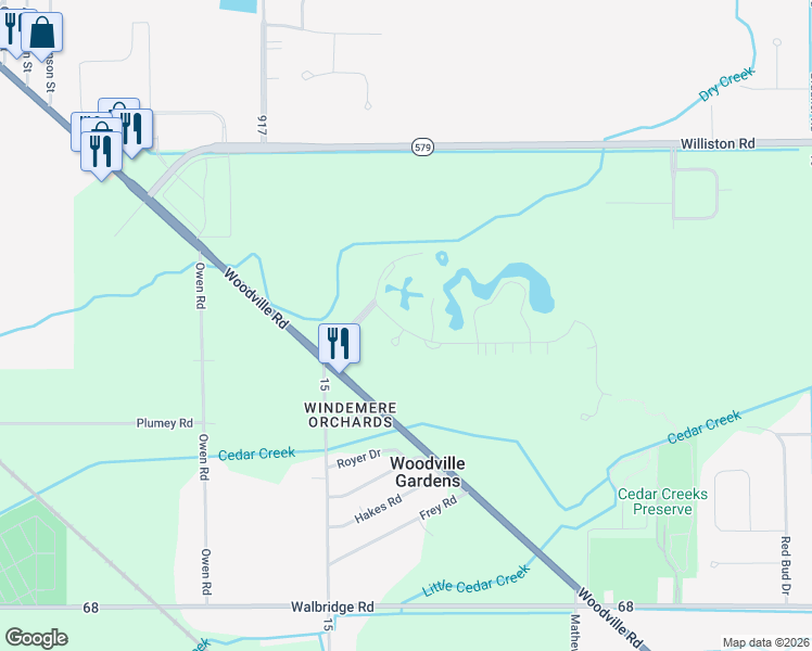 map of restaurants, bars, coffee shops, grocery stores, and more near 3617 Lakepointe Drive in Northwood