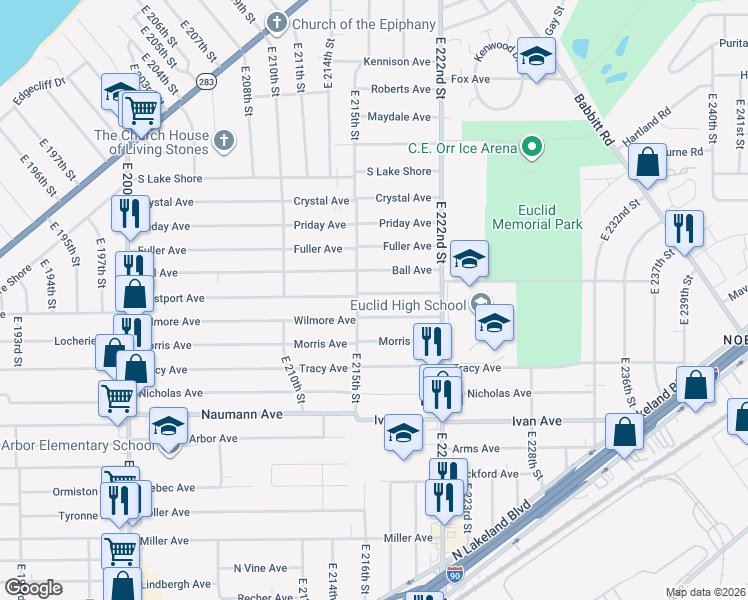 map of restaurants, bars, coffee shops, grocery stores, and more near 21670 Westport Avenue in Euclid