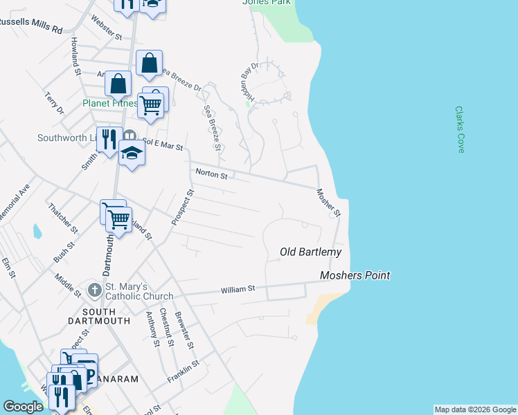 map of restaurants, bars, coffee shops, grocery stores, and more near 71 Merrimac Street in Dartmouth
