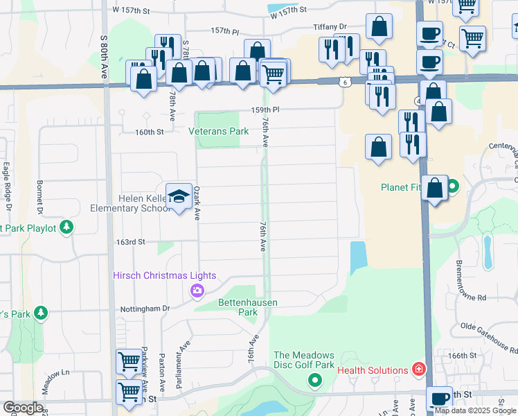 map of restaurants, bars, coffee shops, grocery stores, and more near 16206 76th Avenue in Tinley Park