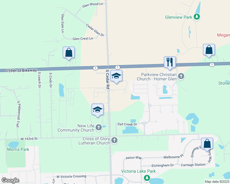 map of restaurants, bars, coffee shops, grocery stores, and more near 16025 South Cedar Road in Lockport
