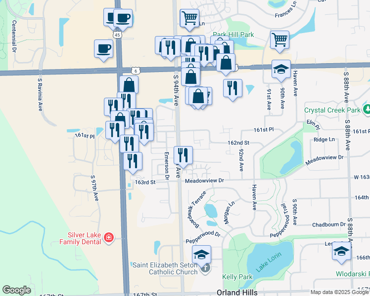map of restaurants, bars, coffee shops, grocery stores, and more near 16213 94th Avenue in Orland Hills