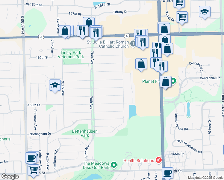 map of restaurants, bars, coffee shops, grocery stores, and more near 7437 162nd Street in Tinley Park