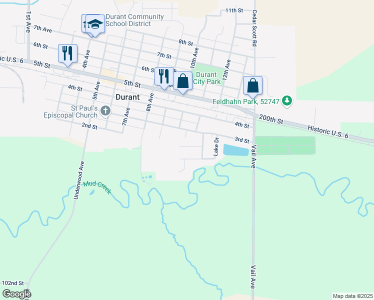 map of restaurants, bars, coffee shops, grocery stores, and more near 1100 Crestview Drive in Durant