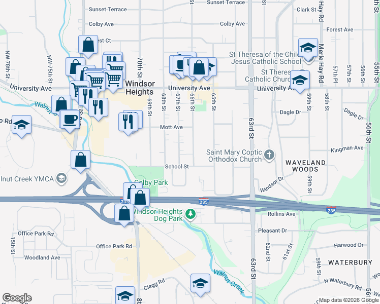 map of restaurants, bars, coffee shops, grocery stores, and more near 1019 67th Street in Windsor Heights