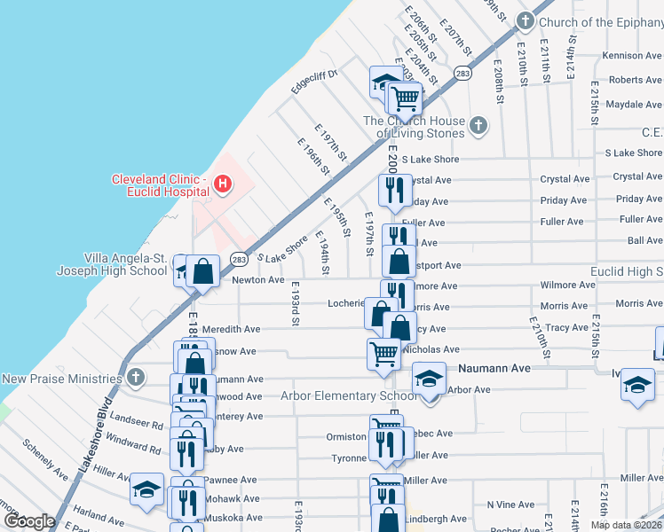 map of restaurants, bars, coffee shops, grocery stores, and more near 320 East 195th Street in Euclid